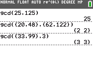 GCD calculator examples showing gcd(25,125)=25, gcd({20,48},{62,122})={2 2}, and gcd({33,99},3)={3 3}